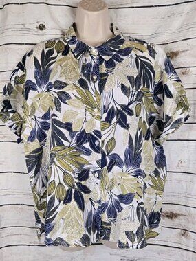Tahari 100% Linen Tropical Floral Tunic Top XL Button Up Short Dolman Sleeves